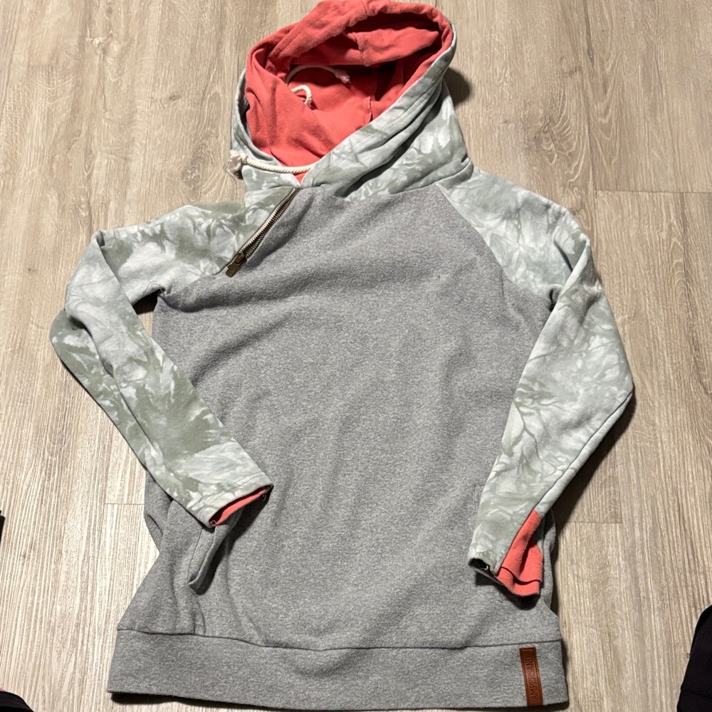 Ampersand Ave Heather Gray Hoodie With Coral Lining & Double Hood